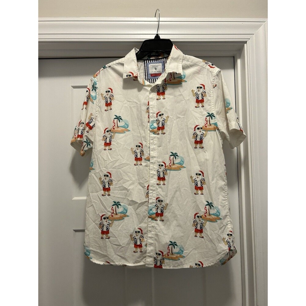 Denim & Flower Santa Christmas Tropical Men's Short Sleeve Button Size Large